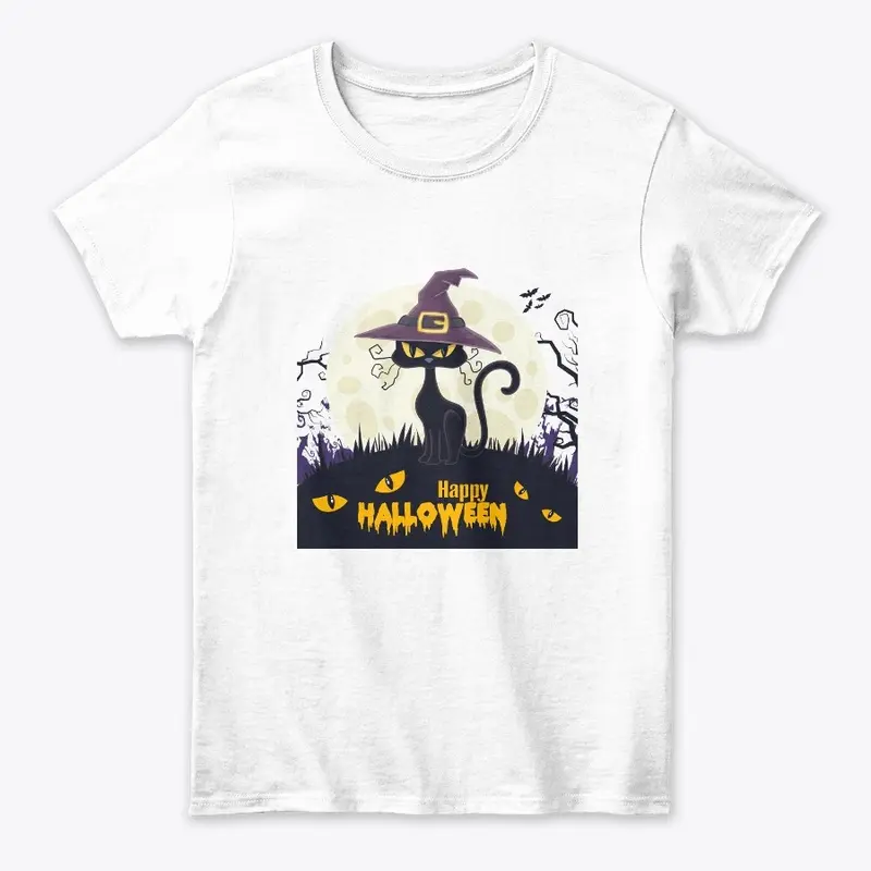 Halloween Cat Moon Witch Hat T-Shirt