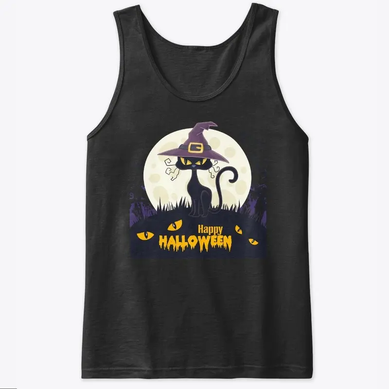 Halloween Cat Moon Witch Hat T-Shirt