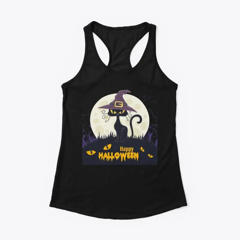 Halloween Cat Moon Witch Hat T-Shirt