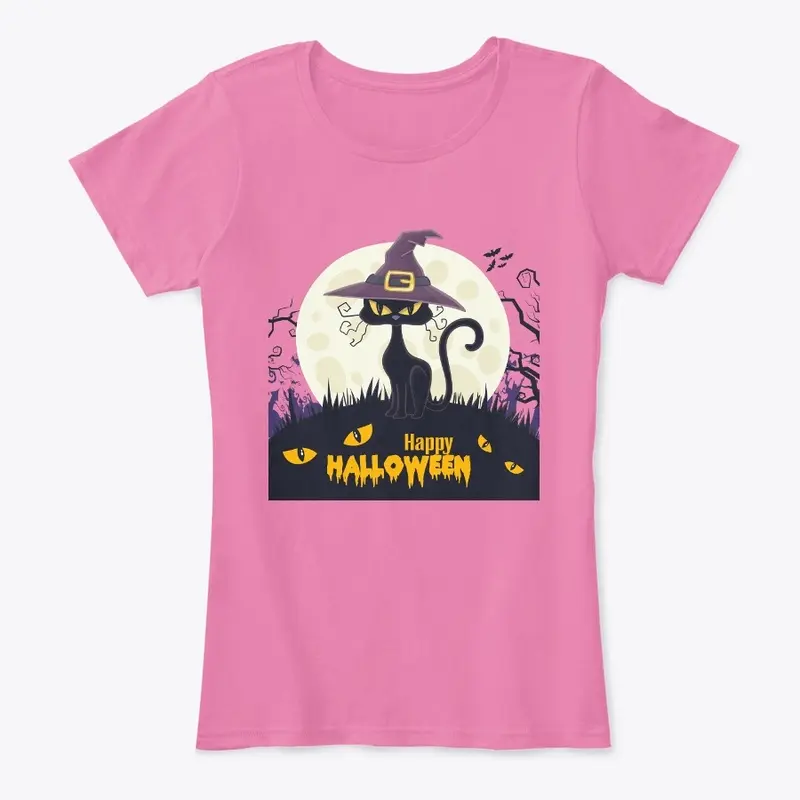 Halloween Cat Moon Witch Hat T-Shirt